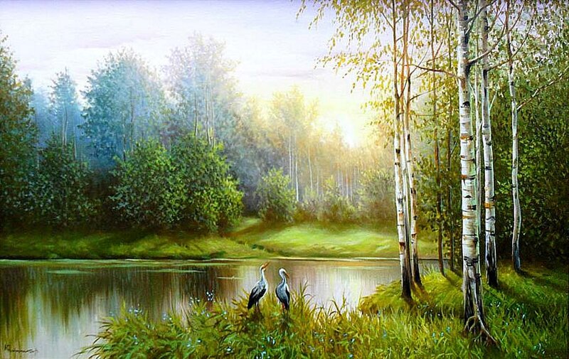 Two Storks by Pond