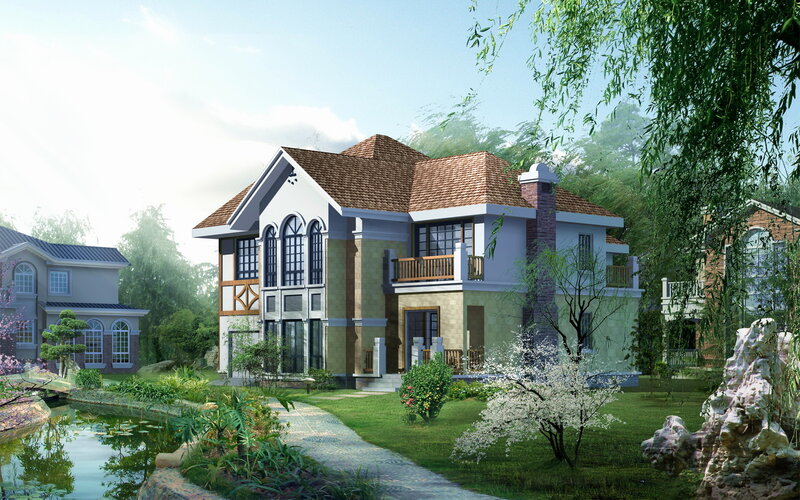 Two-story House with Garden — Green