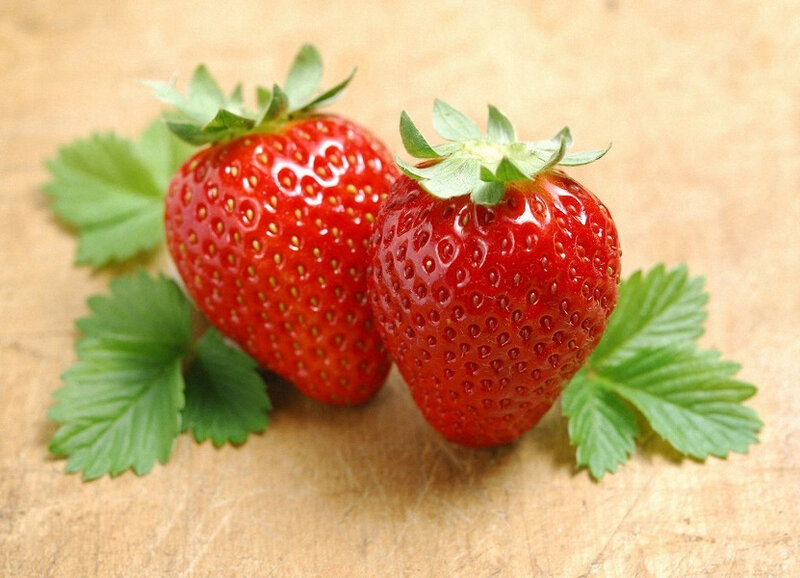 Two Strawberries with Leaves — Red