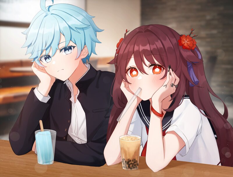 Two Students at a Table — Blue