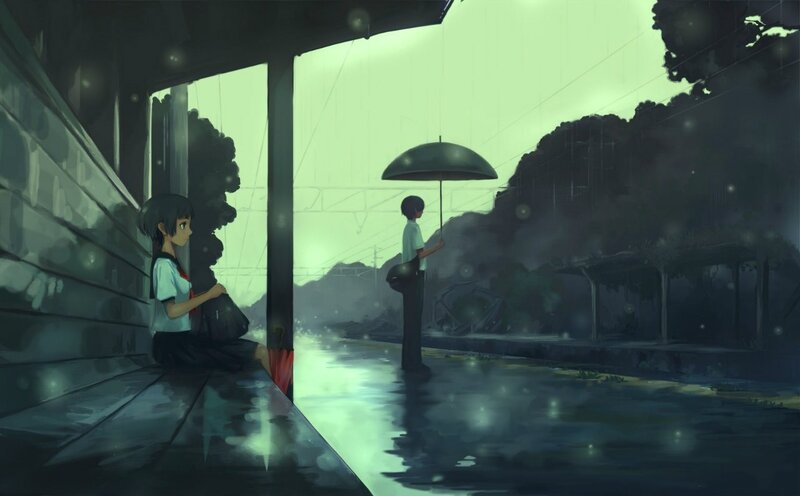 Two Students at Train Station — Green