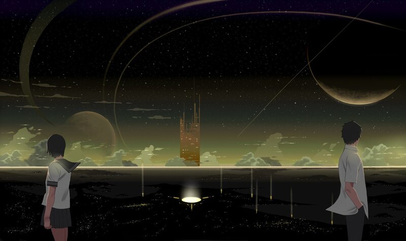 Two students gaze at alien sky