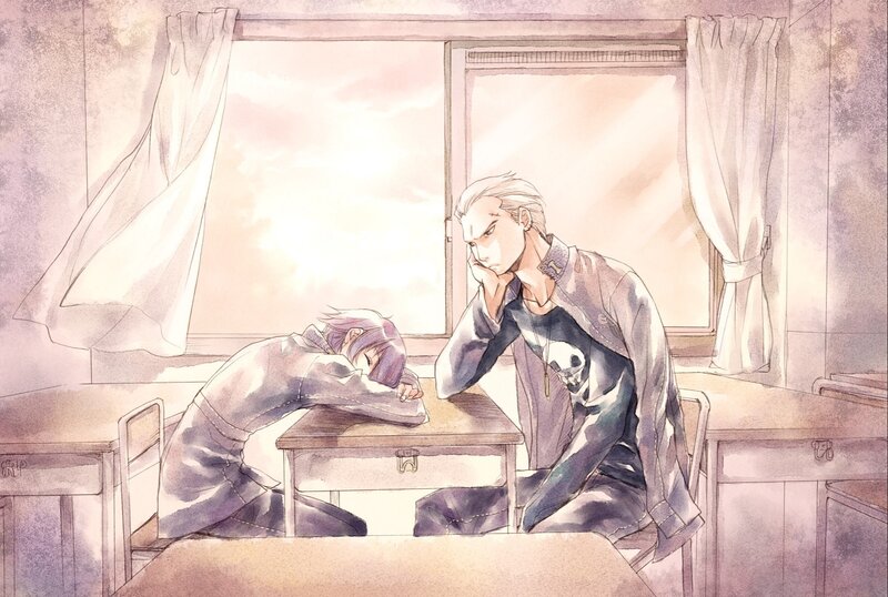 Two Students in Classroom — Purple, Calm, Afternoon
