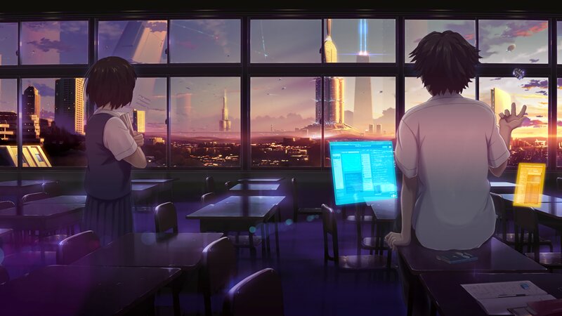 Two Students in Classroom — Purple, Dramatic, Sunset