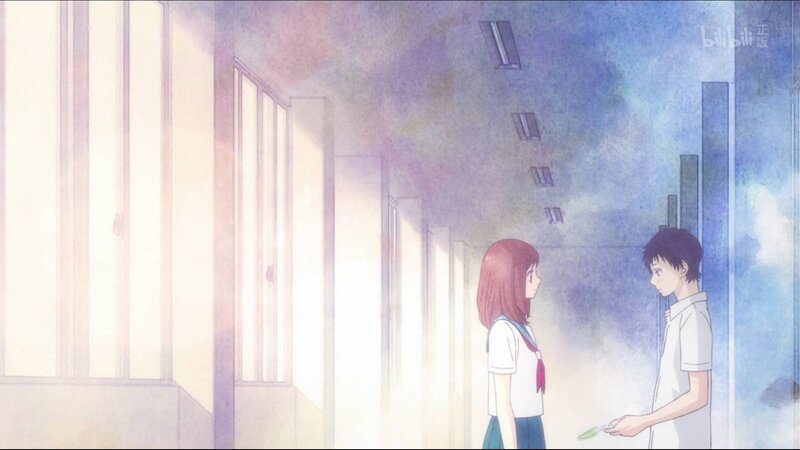 Two Students in Hallway — Blue