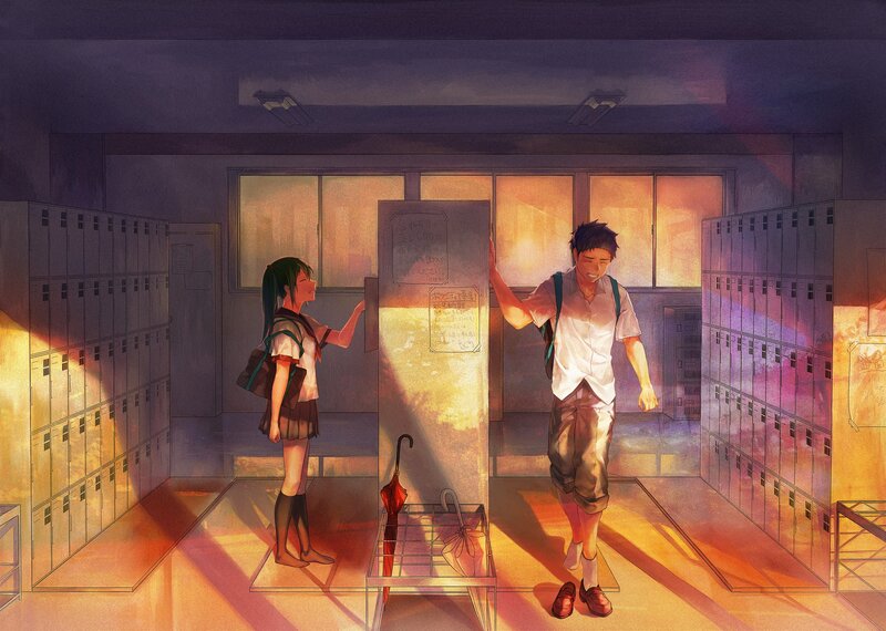 Two Students in Hallway — Orange