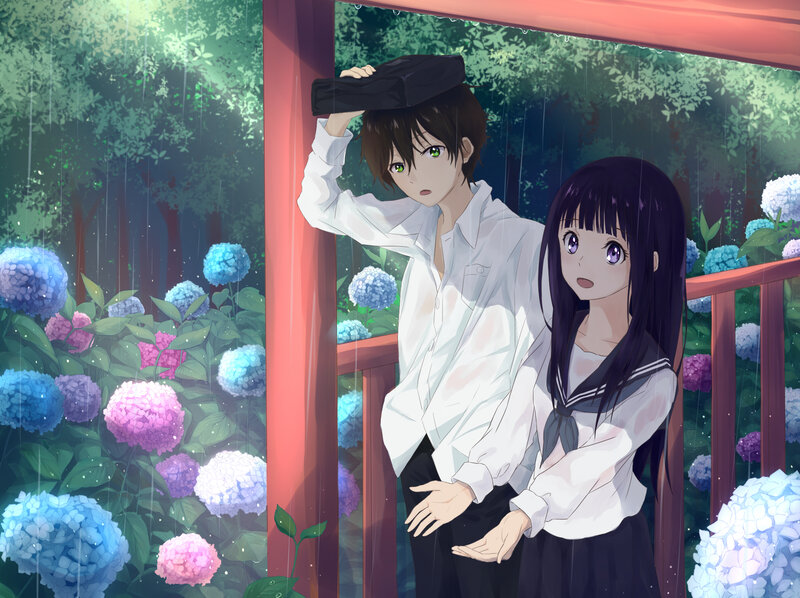 Two Students in Rain — Blue, Serene