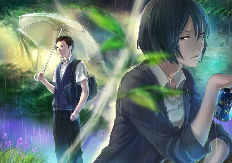 Two Students in Rain — Green