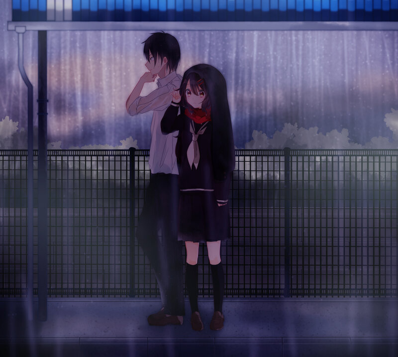 Two Students in Rain — Purple