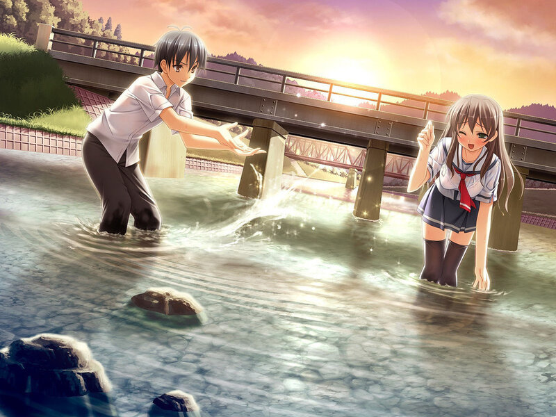 Two Students in River — Orange, Serene, Sunset, Anime, Bridge