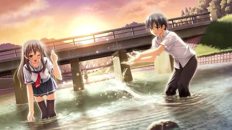 Two Students in River — Orange, Serene, Sunset, Anime