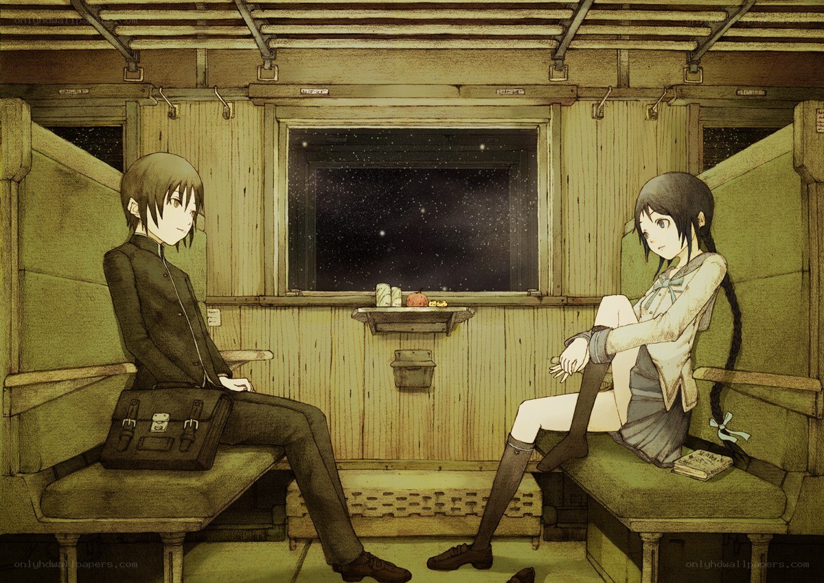 Two students on a train at night