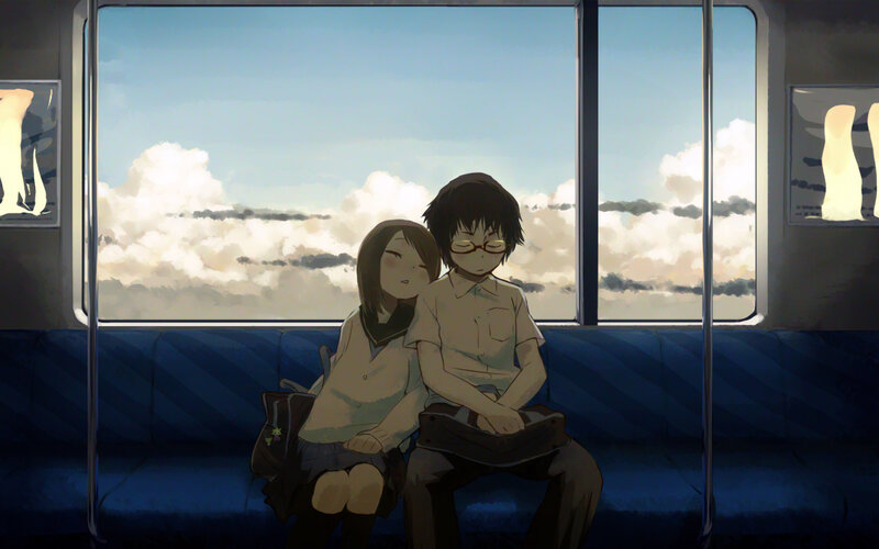 Two Students on Train — Blue, Calm