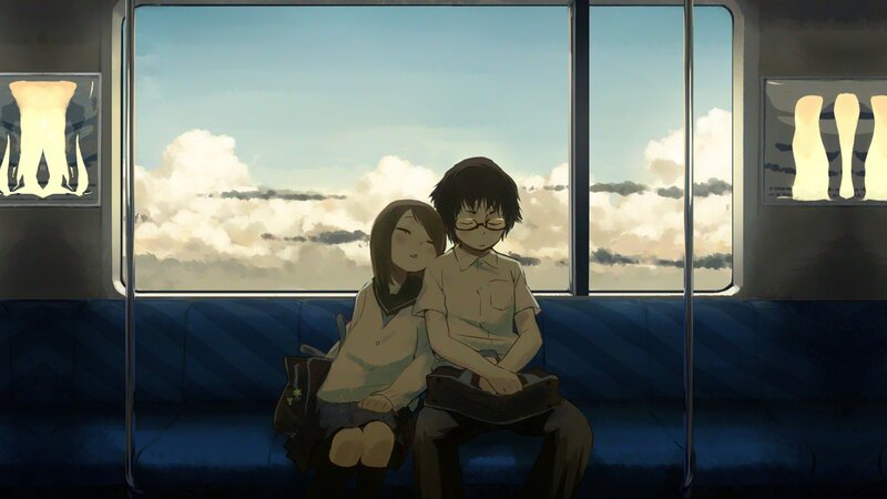 Two Students on Train — Blue, Serene