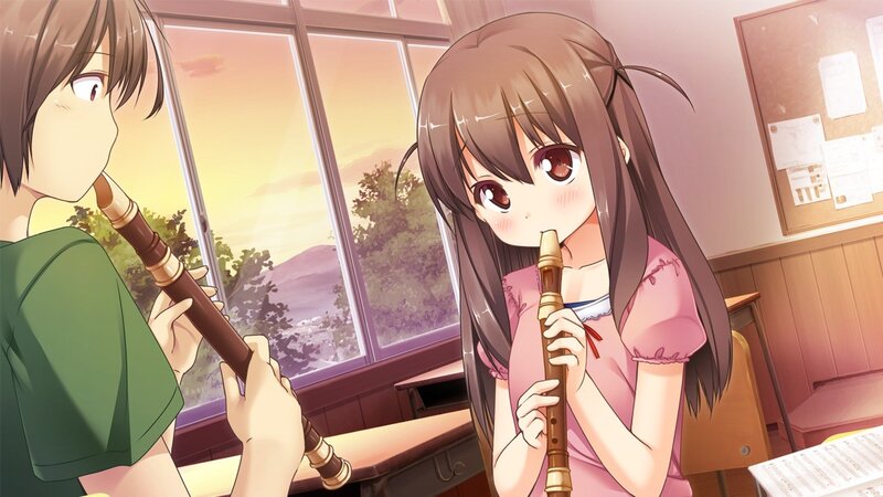 Two students playing recorders