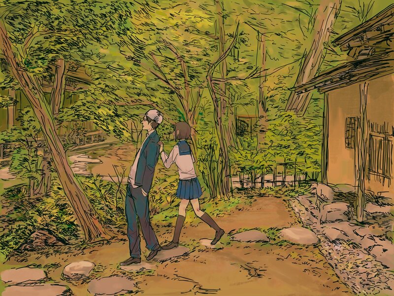 Two Students Walking — Green