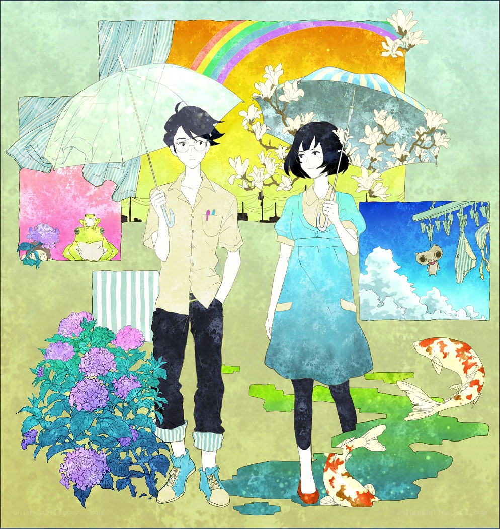 Two students with umbrellas