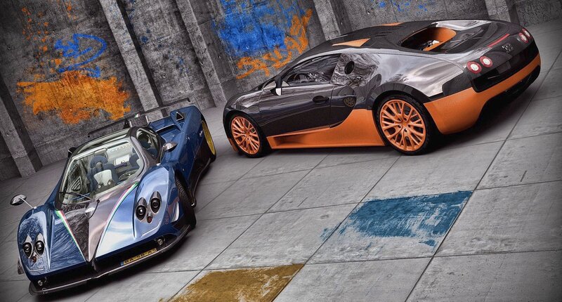 Two Supercars in Garage — Blue