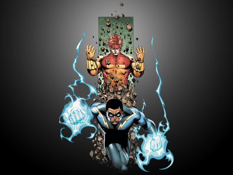 Two Superheroes Breaking Through