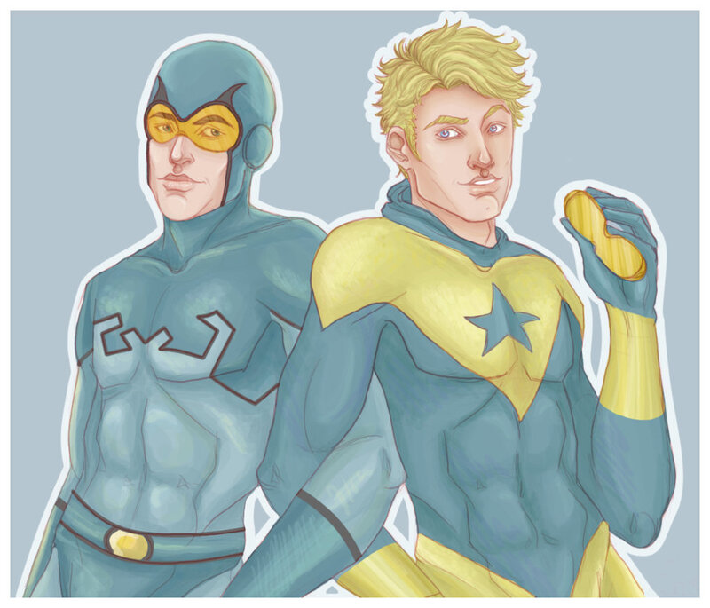 two superheroes in blue and yellow suits