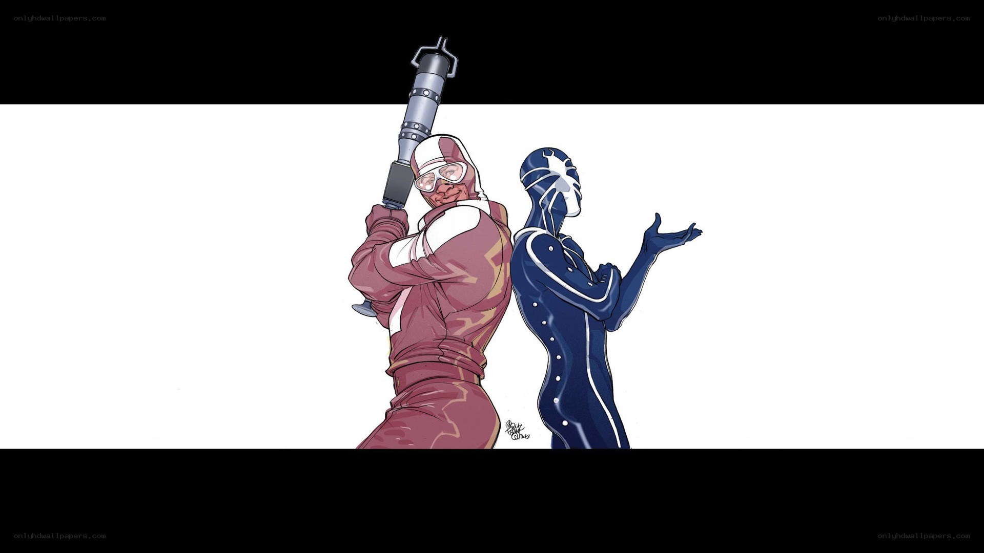 Two superheroes standing back to back