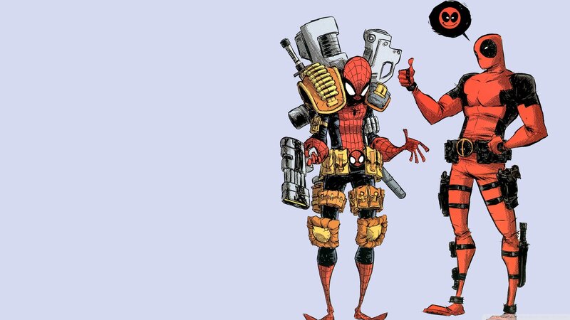 Two Superheroes Standing — Red, Humorous, Comic, Weapons, Comic Book Style, Speech Bubble