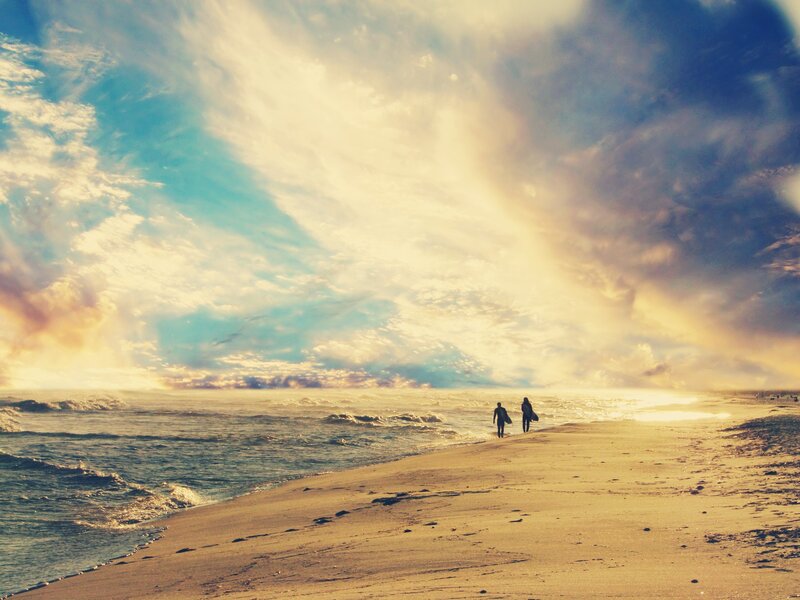Two Surfers on Beach — Blue, Dramatic