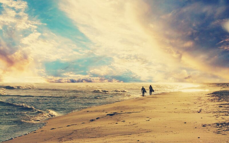 Two Surfers on Beach — Blue