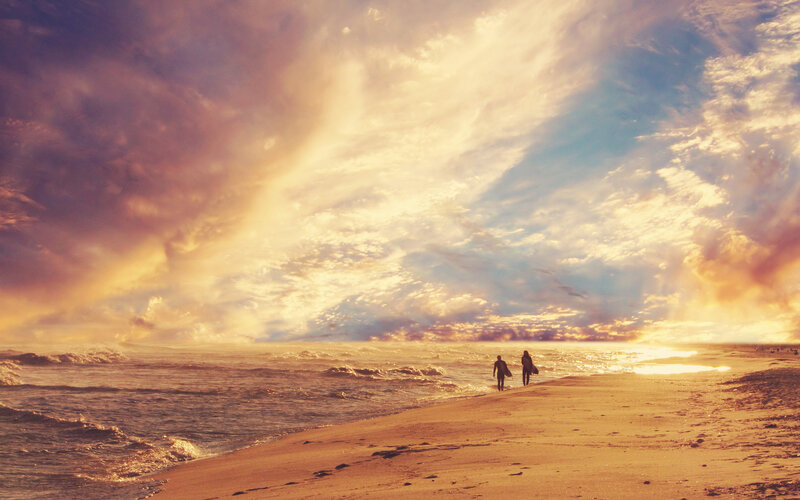 Two Surfers on Beach — Gold, Dramatic, Sunset