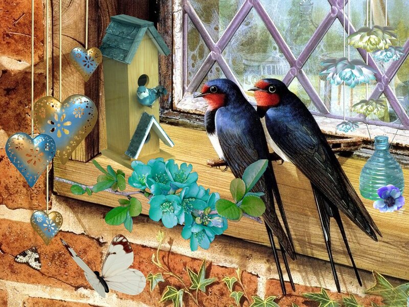 Two Swallows on Windowsill — Blue