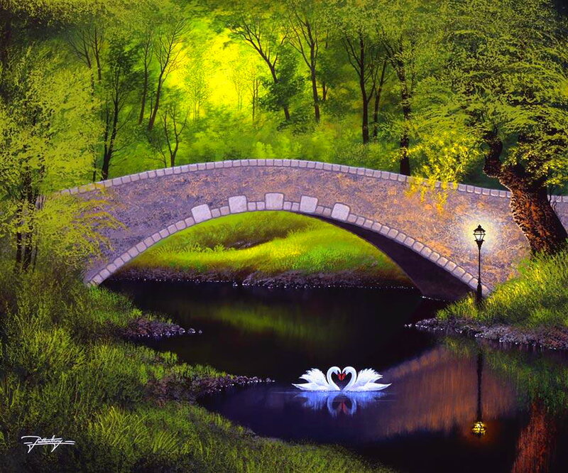 Two Swans Forming Heart — Green, Serene