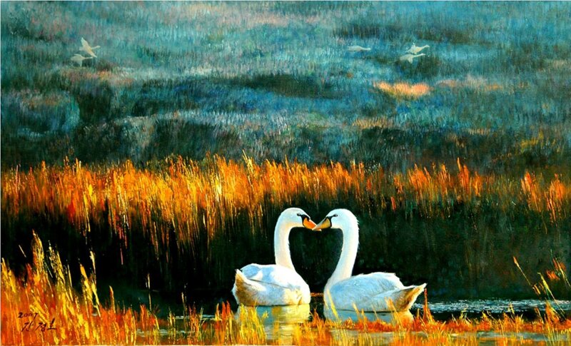 Two Swans Forming Heart — White, Serene, Sunset, Painting
