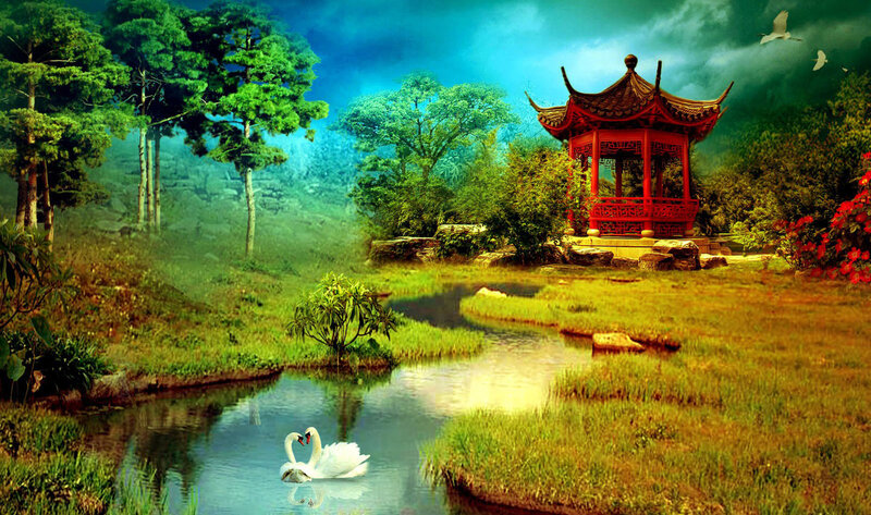 Two Swans in a Pond — Green