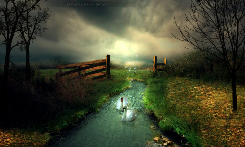 Two Swans in a Stream — Green