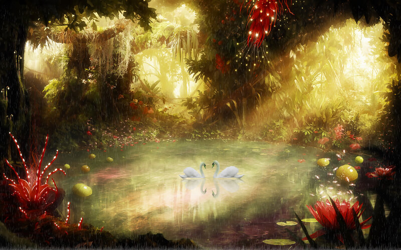 Two Swans in Pond — Green, Serene, Afternoon