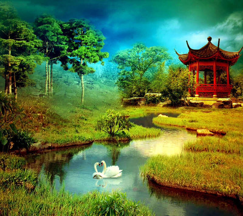 Two Swans in Pond — Green, Serene, Digital Art