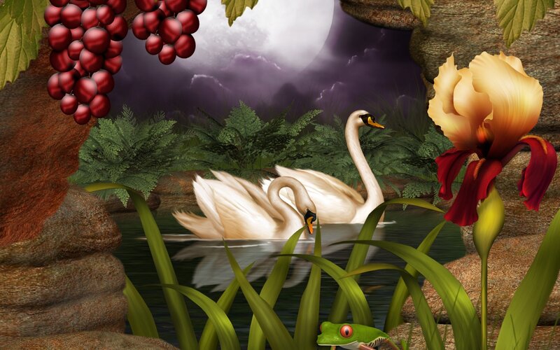 Two Swans in Pond — Green, Serene, Night, Digital Art