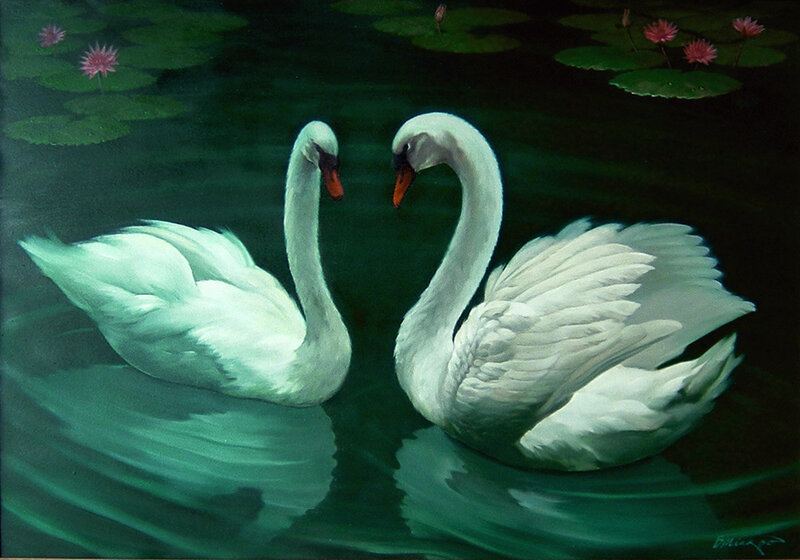 Two Swans in Pond — Green, Serene, Painting