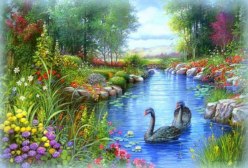 Two Swans on a River — Blue