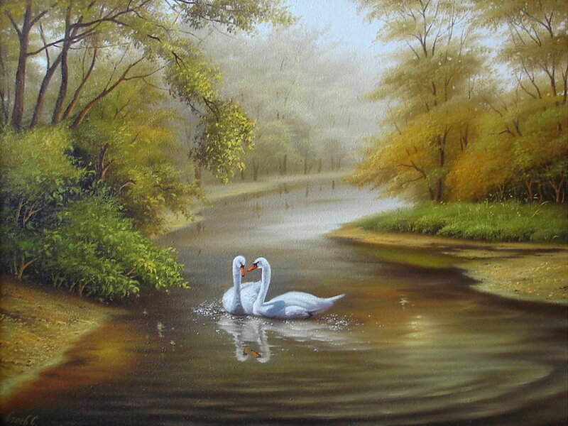 Two Swans on a River — Green