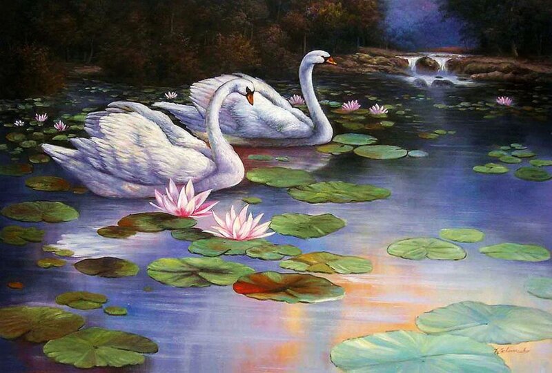 Two Swans on Pond — Green