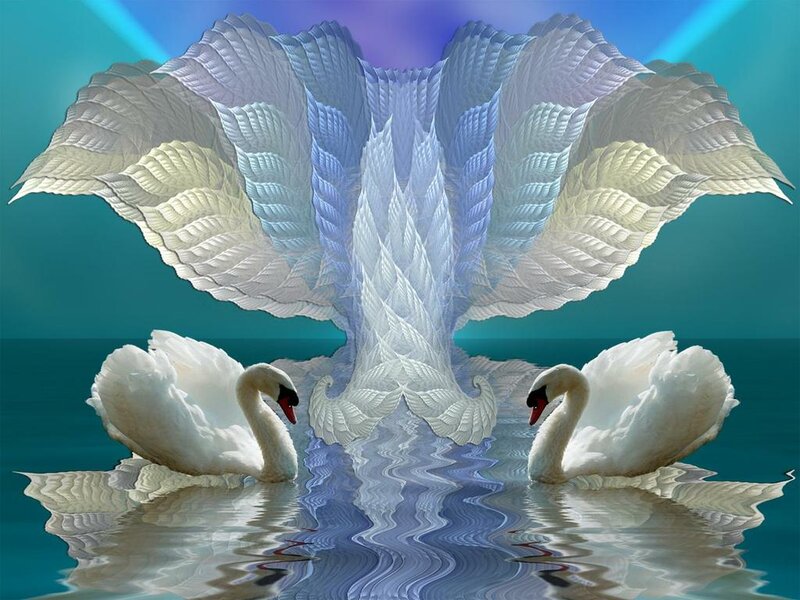 Two Swans on Water — Blue, Serene, Digital Art, Reflection