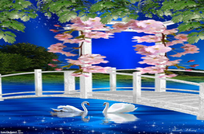 Two Swans on Water — Blue, Serene, Night, Digital Art, Bridge