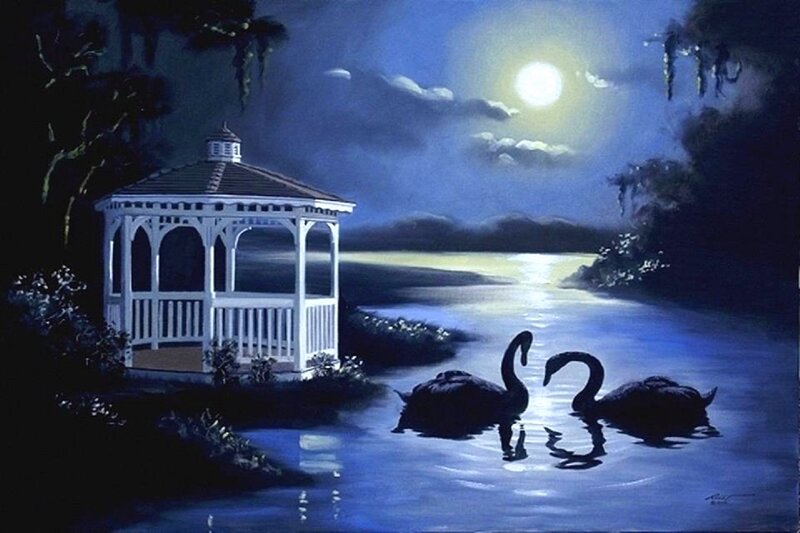 Two Swans on Water — Blue, Serene, Night, Painting
