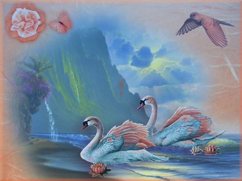 Two Swans on Water — Blue, Serene, Sunset, Digital Art