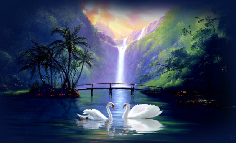 Two Swans on Water — Blue, Serene, Sunset, Digital Art, Waterfall