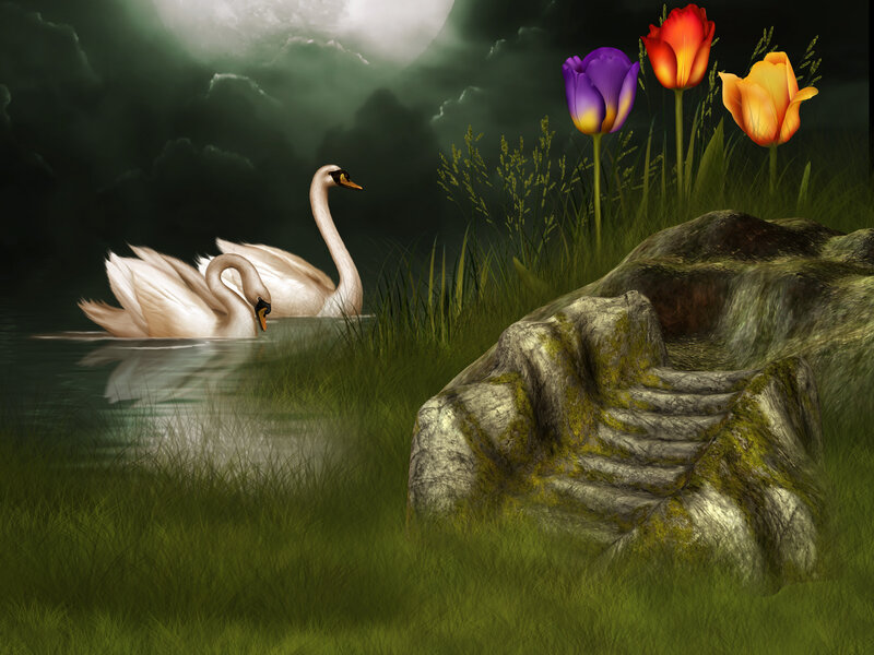 Two Swans on Water — Green, Serene, Night, Digital Art