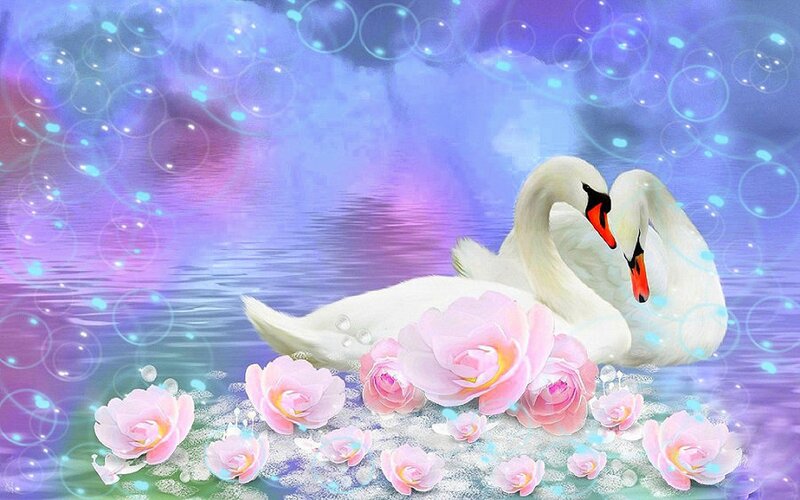 Two Swans on Water — Purple, Serene, Digital Art
