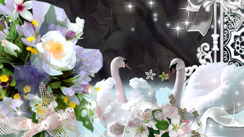 Two Swans with Flowers