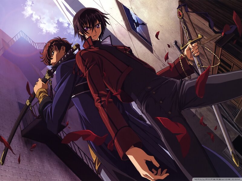 Two swordsmen in a city alley